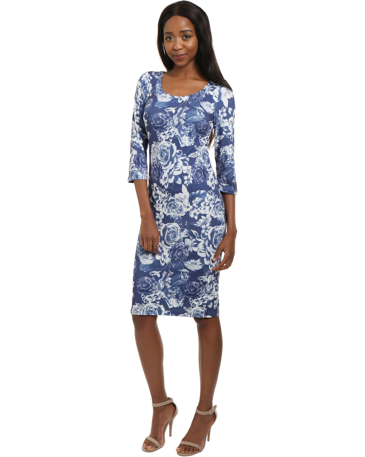 Queenspark Rose Print Knit Dress Blue | Zando