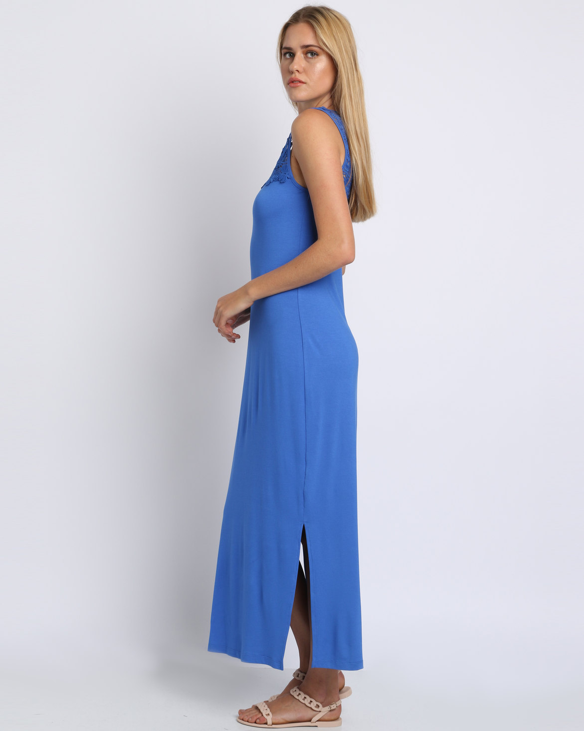 Queenspark Maxi Sleeveless Knit Dress With Lace Neckline Cobalt | Zando