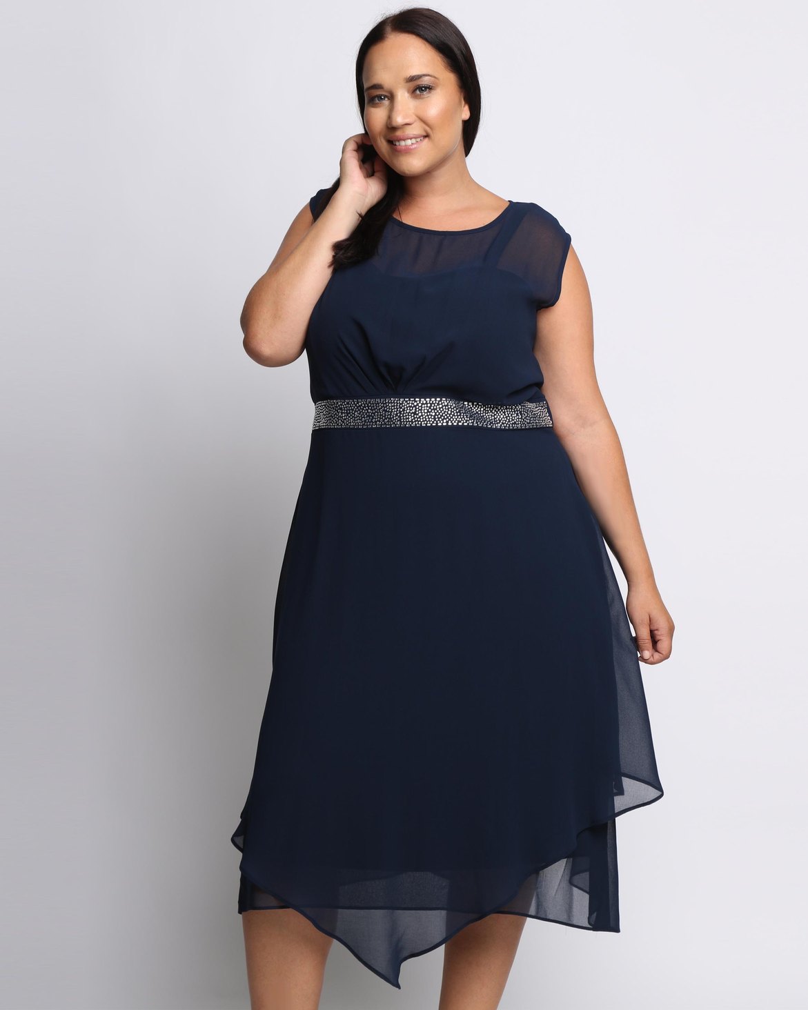 Queenspark Plus Size Beaded Cinderella Woven Dress Navy | Zando