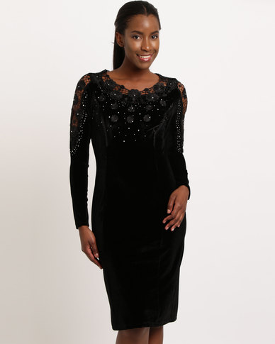 Queenspark Velour Embellished Glam Knit Dress Black | Zando