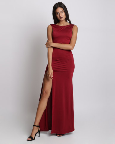 Bombshell Low Back Slit Maxi Dress  Burgundy Zando 