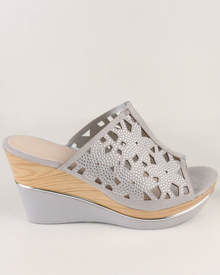 Queenspark Laser Cut Diamante Flowers High Heel Wedge Grey | Zando