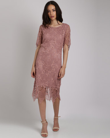  Queenspark  Short Sleeve Pointed Lace Knit Dress  Pink Zando