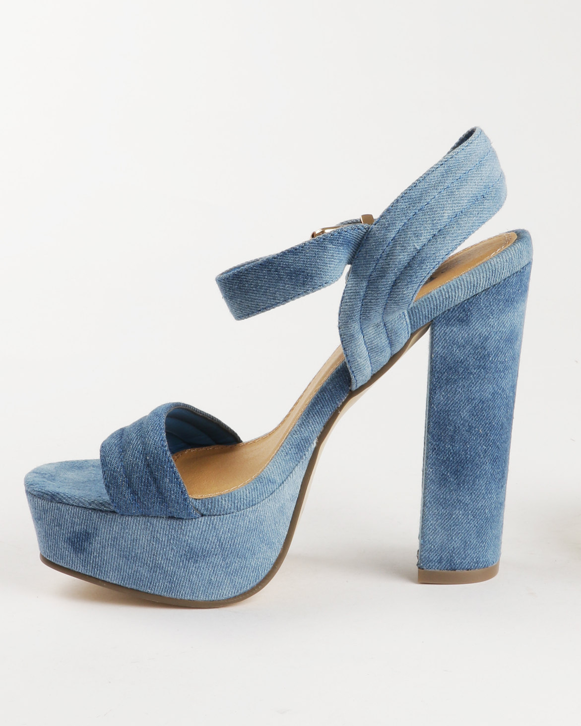 PLUM Denim 2 Block Heel Platform With Ankle Strap Light Blue | Zando