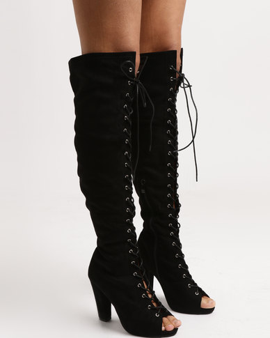 Legit Platform Peep Toe Lace Up Knee High Boot Black | Zando