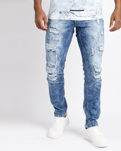 Swagga Rip and Repair Slim Jeans Blue | Zando