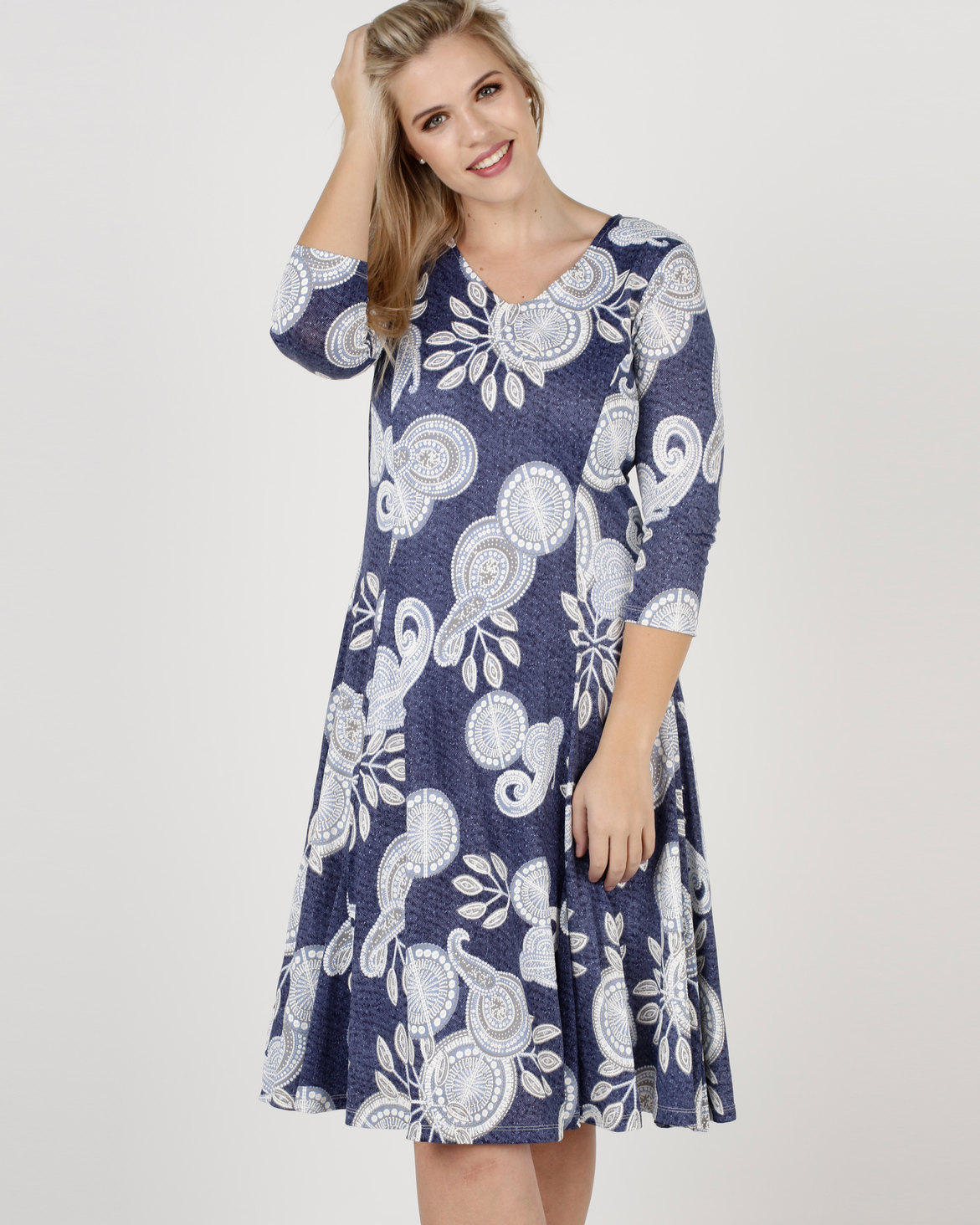 Queenspark Plus Circles Textured Printed Flared Dress Blue | Zando