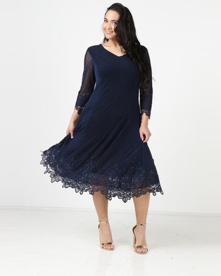 Queenspark Plus Mesh Knit With Lace & Iron On Detail Dress Navy | Zando