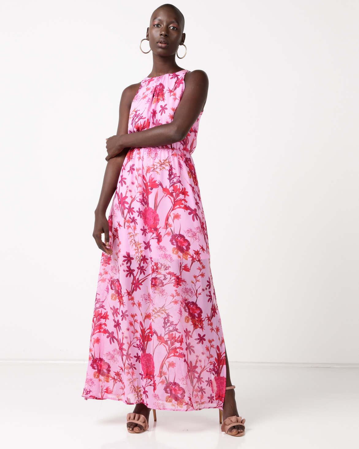 QUIZ Chiffon Floral High Neck Sleeveless Maxi Dress Red/Pink | Zando