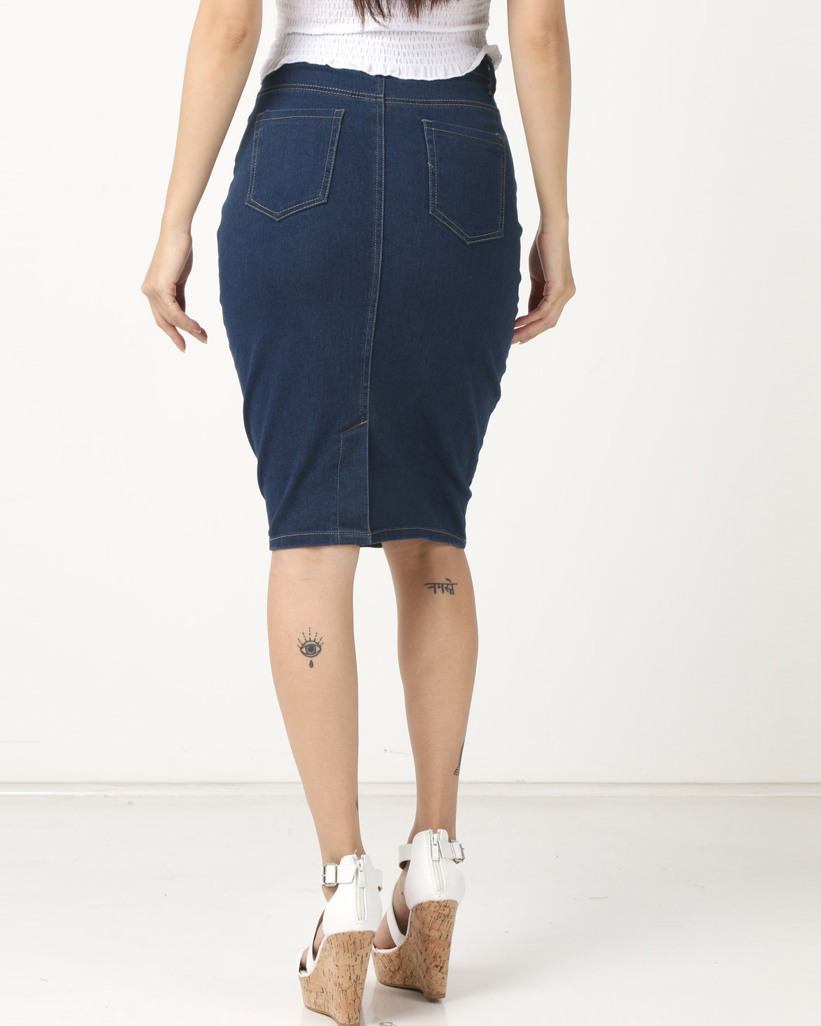 Legit Denim Pencil Skirt With Panels Ink | Zando