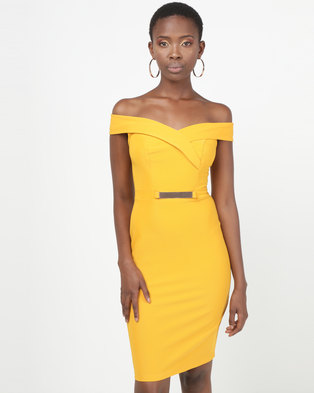  Legit  Off The Shoulder Bar Trim Bodycon Dress  Mustard Zando