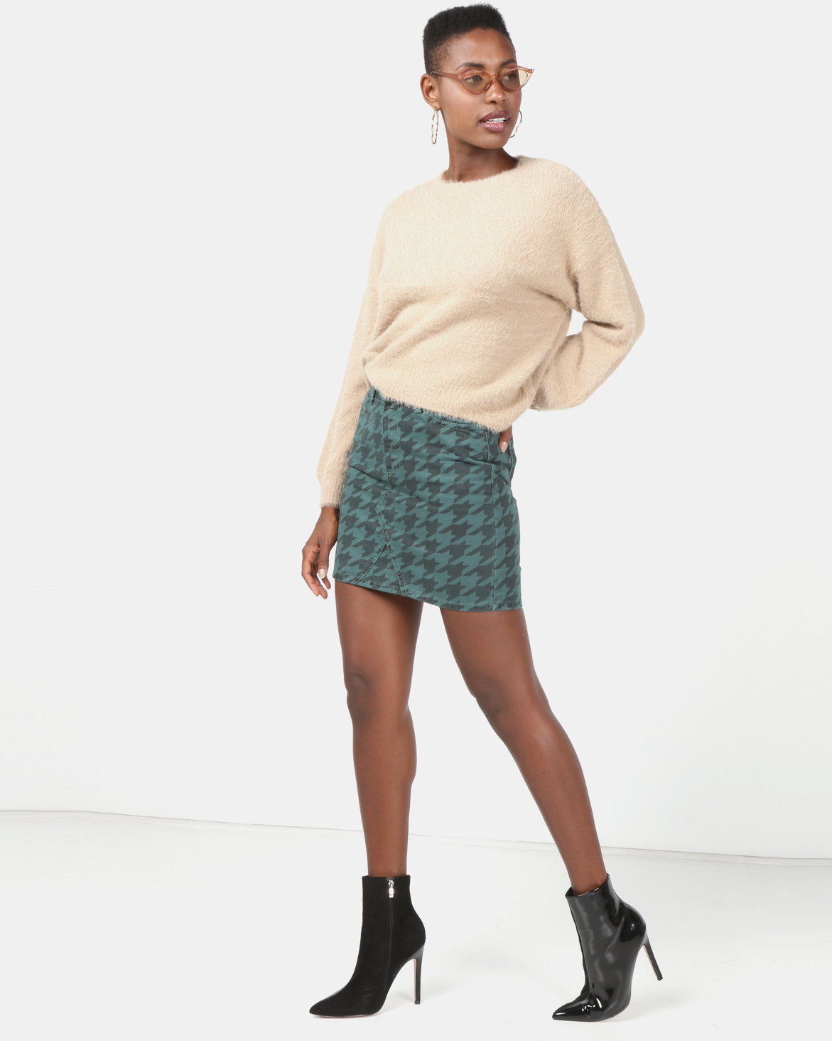 New Look Denim Mini Skirt Dark Green Houndstooth Print | Zando