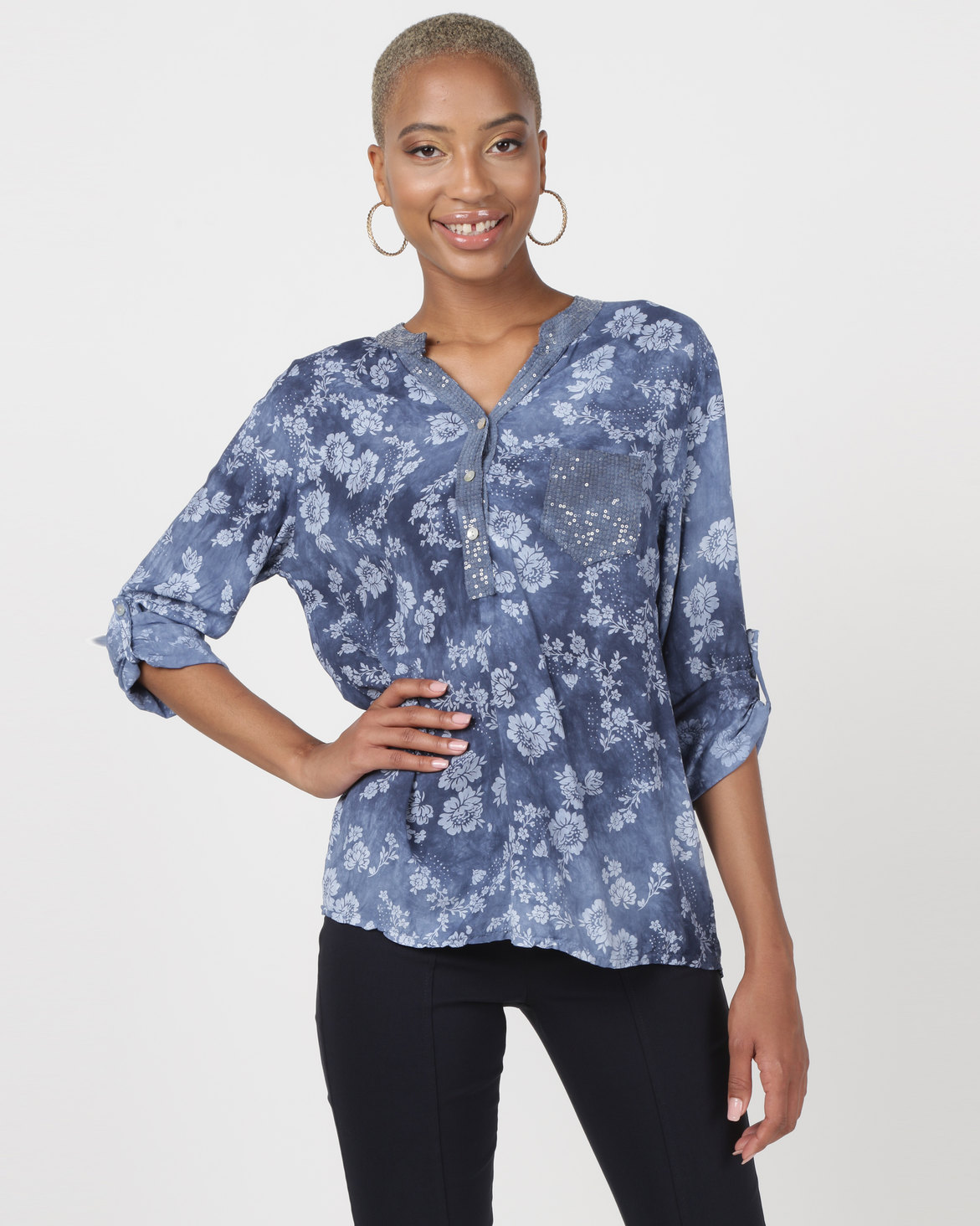 Queenspark Floral Tie Dye Roll Up Sleeve Blouse Blue | Zando