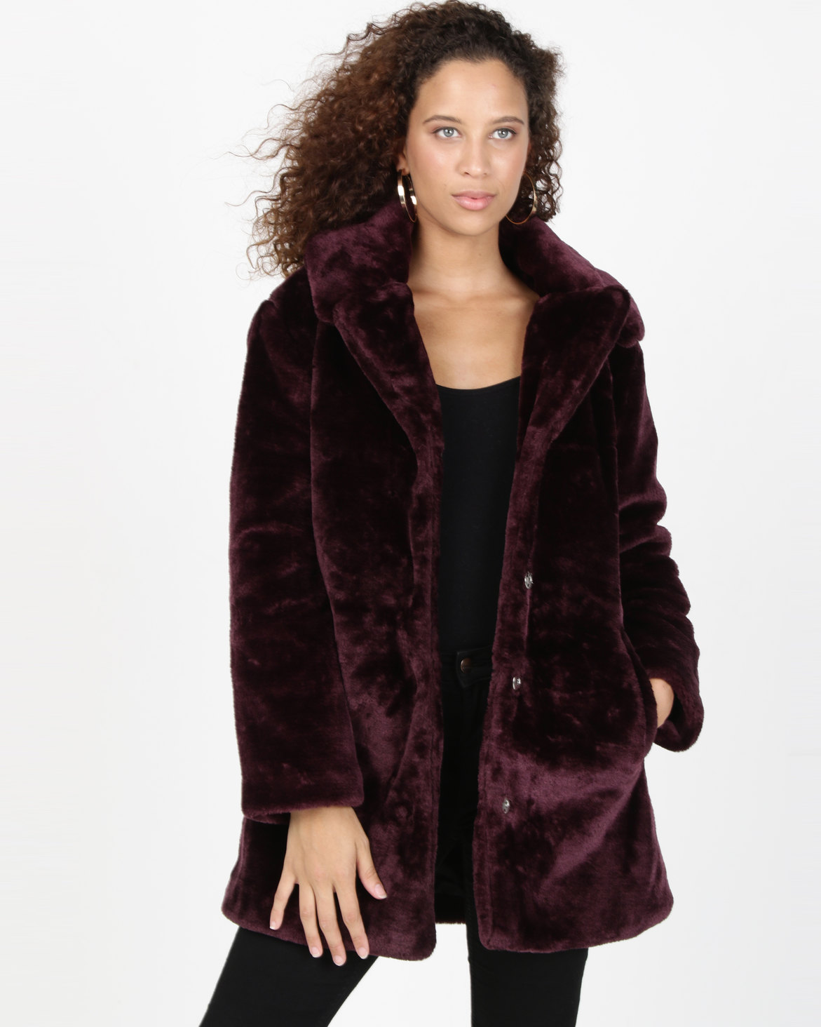 AX Paris Faux Fur Coat With Collar Wine | Zando