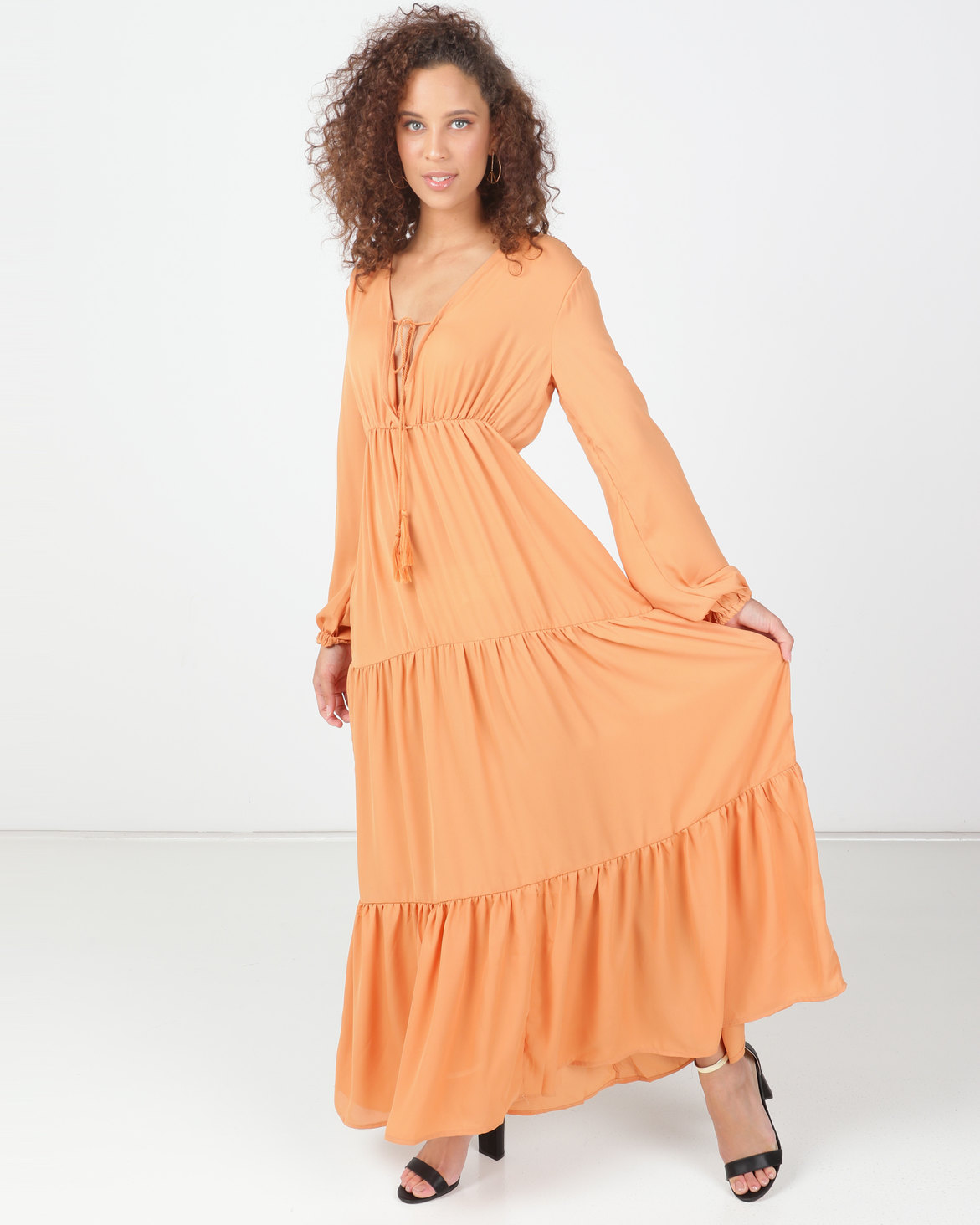 Legit Tiered Long Sleeve Maxi Dress Orange | Zando