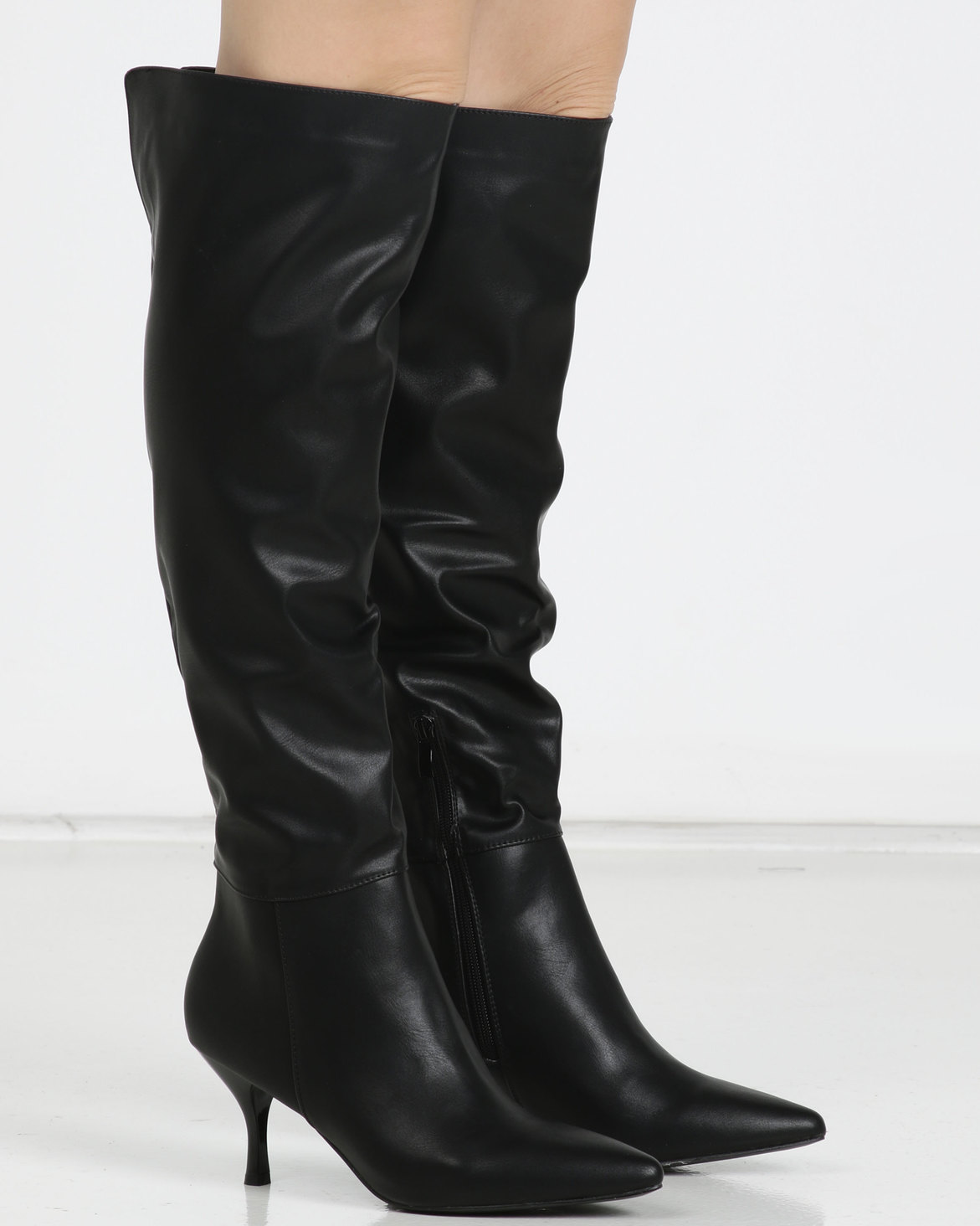 Legit Heeled Pointed Long PU Boot Black | Zando