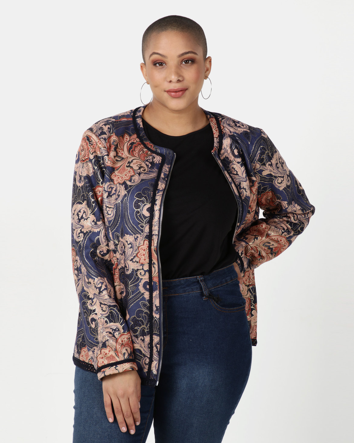 Queenspark Plus Collection Foil Printed Suede Jacket Navy | Zando