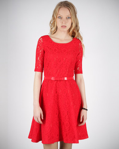 Jo Borkett Three-Quarter Sleeve Lace Dress Red | Zando