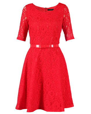 Jo Borkett Three-Quarter Sleeve Lace Dress Red | Zando