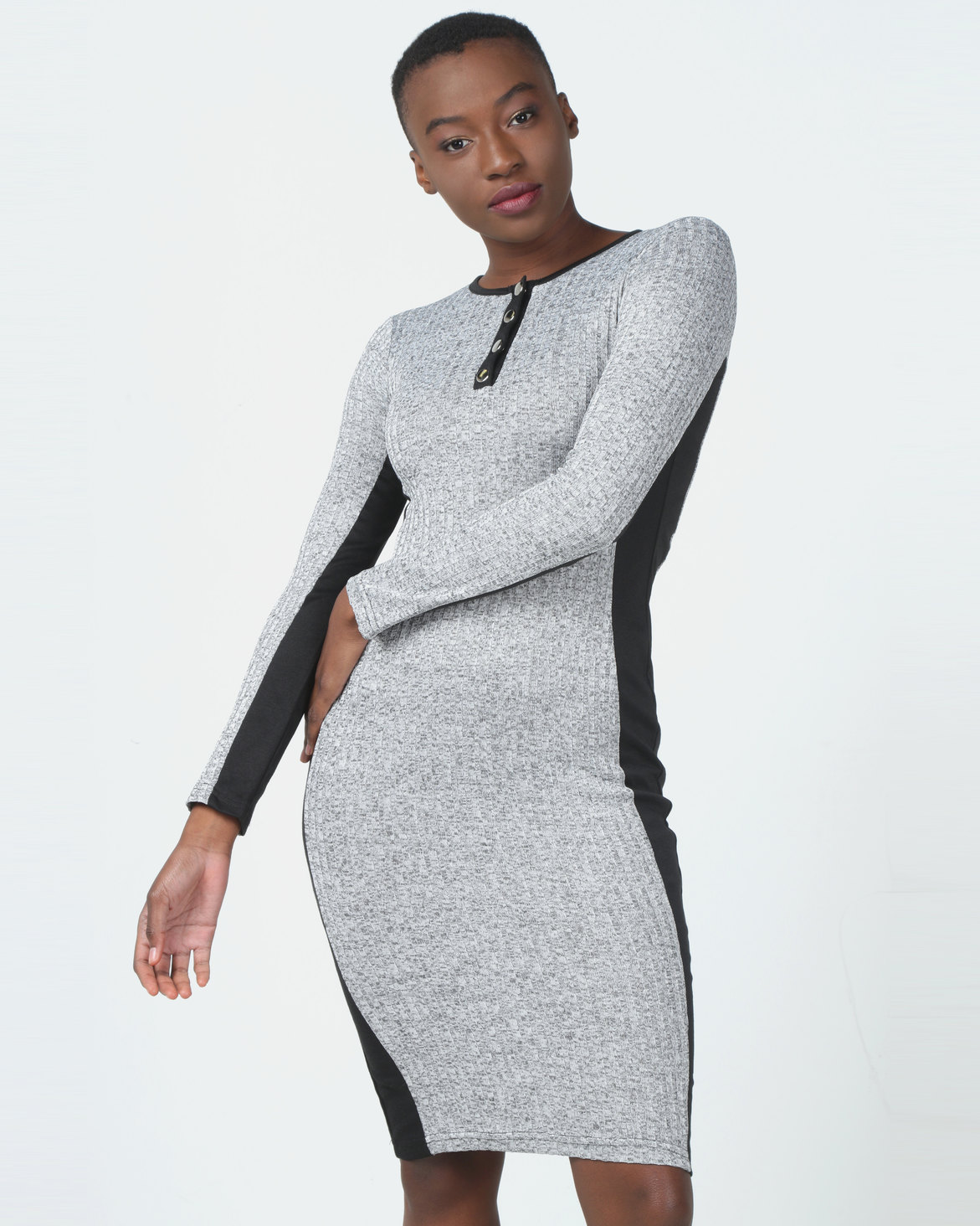 Legit Long Sleeve Colourblock Tube Midi Dress Grey | Zando