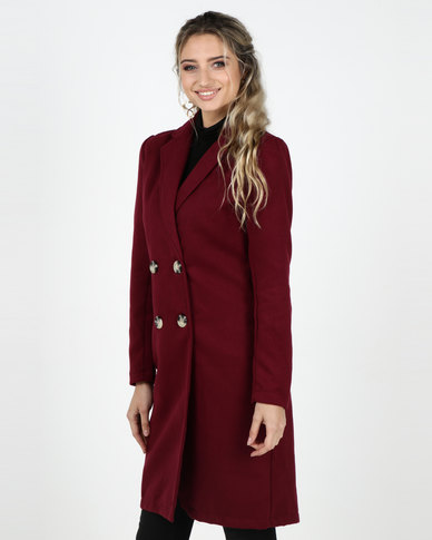 Legit Double Breasted Melton Blazer Coat Burgundy | Zando