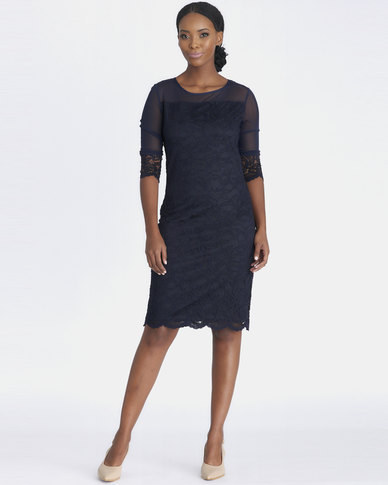 Contempo Lace And Mesh Combo Dress Navy | Zando