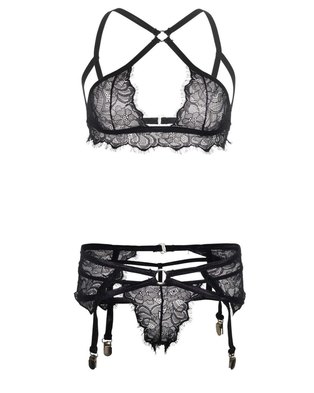 Leg Avenue Eyelash Lace Bra, Panty & Suspender Lingerie Set Black | Zando