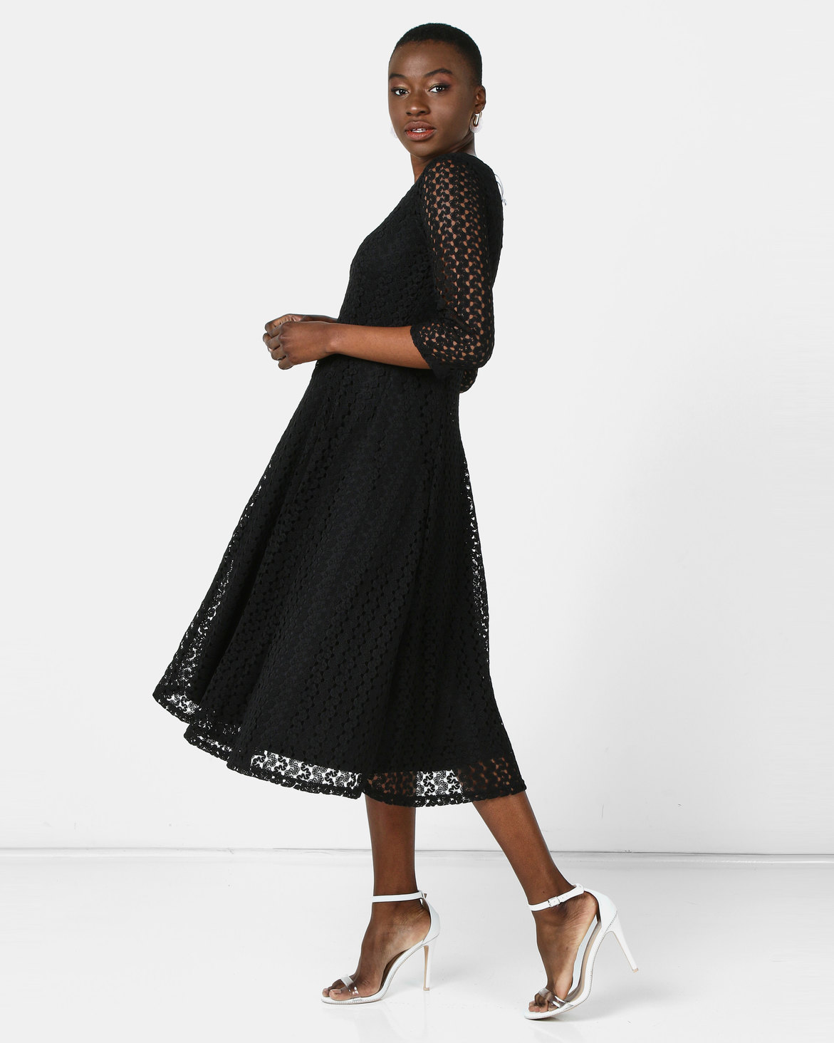 Queenspark Stretch Lace Fit & Flare Knit Dress Black | Zando