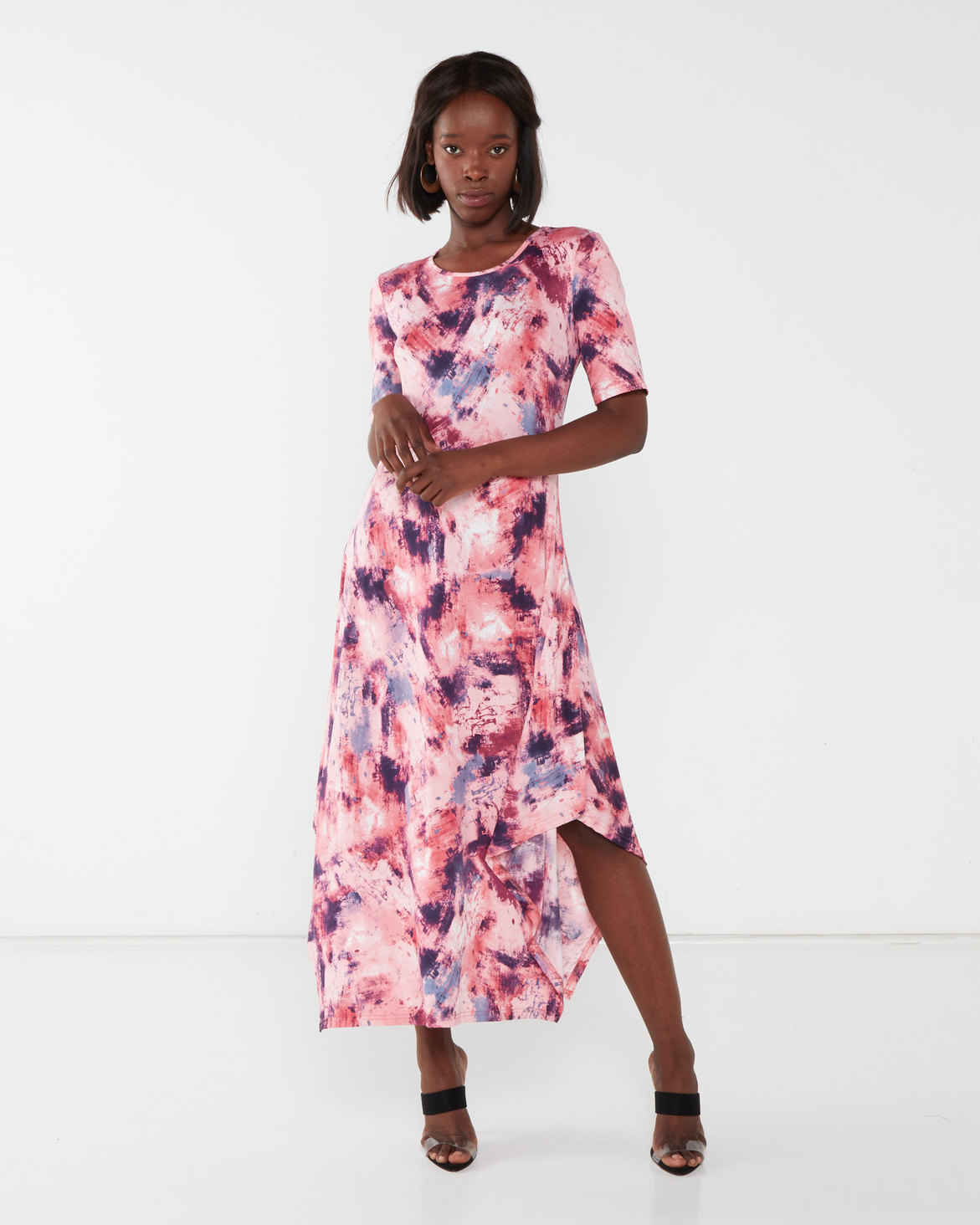 Queenspark Printed Crewneck Short Sleeve Knit Dress Pink | Zando