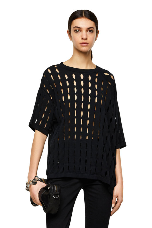 Pointelle pullover with contrast sleeves