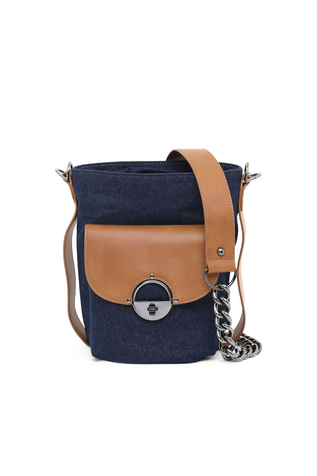 Bucket bag in denim and leather