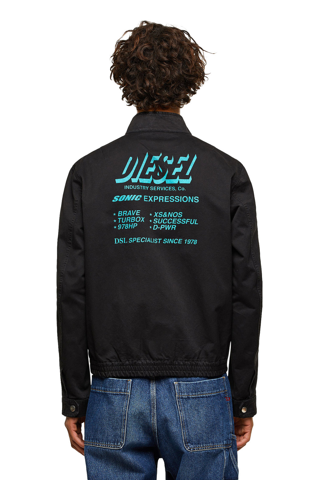 Garment-dyed biker jacket with print