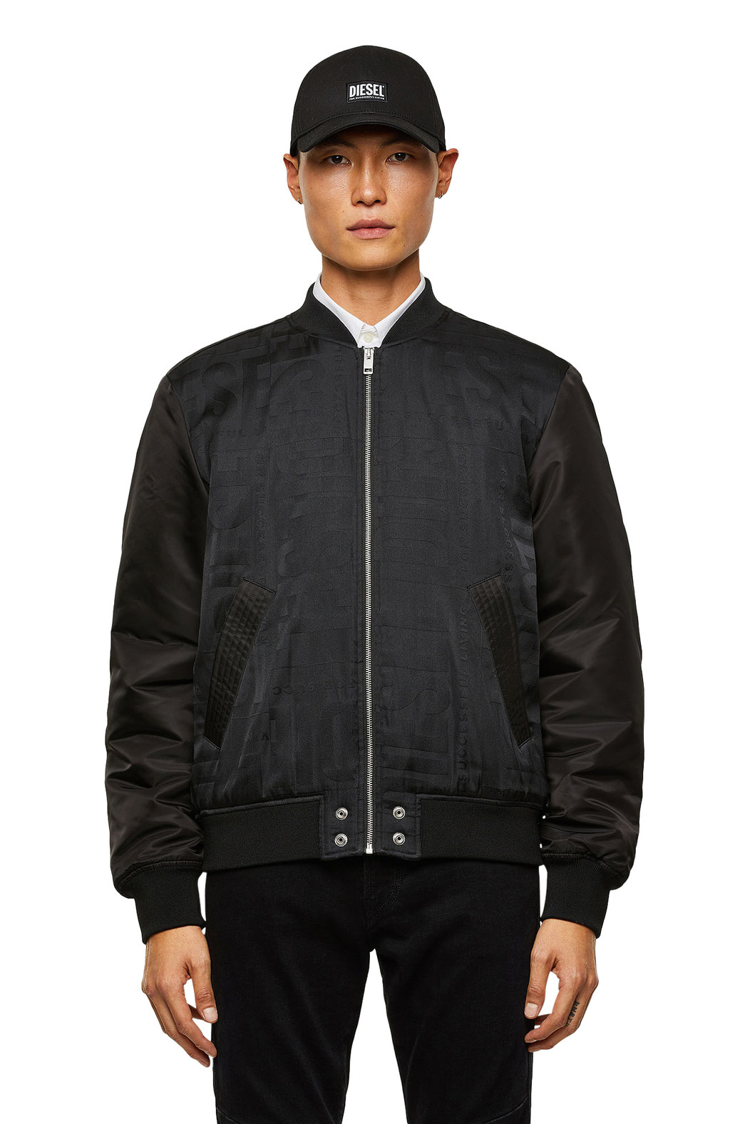 Padded bomber jacket with logo jacquard