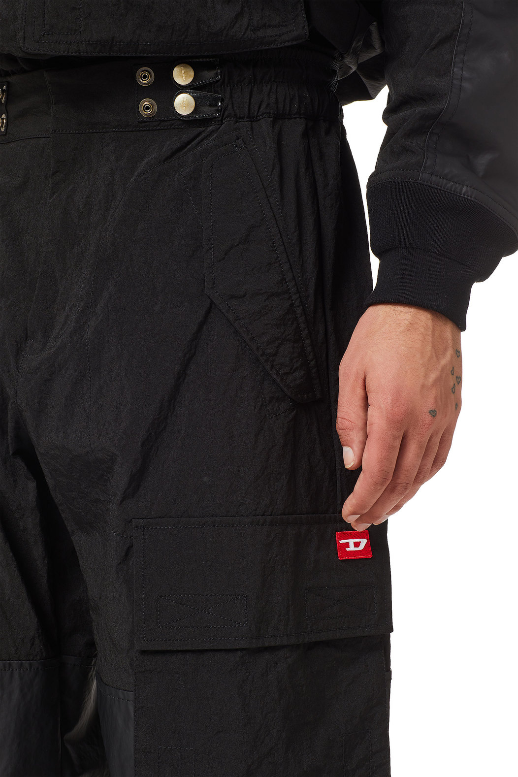 Nylon cargo pants with coated panels
