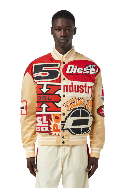 Satin bomber jacket with racing patches