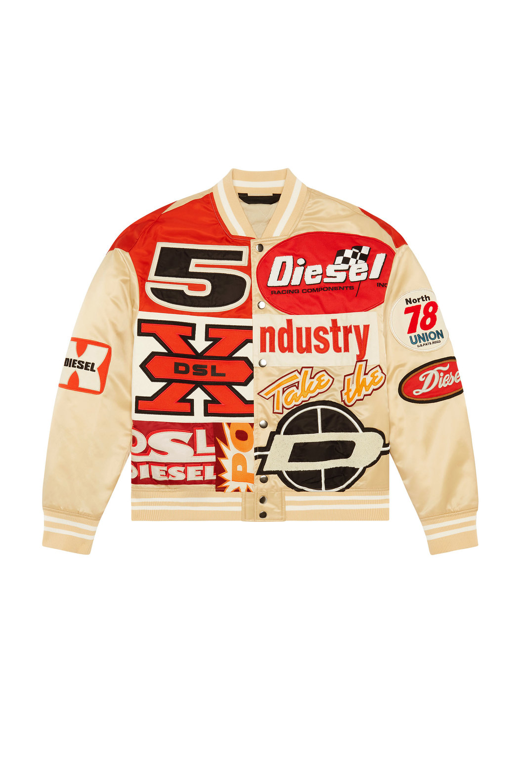 Satin bomber jacket with racing patches