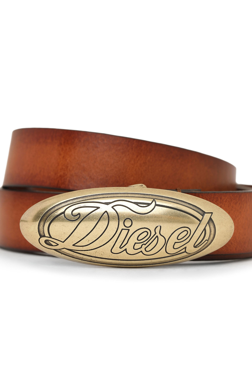 Belt with oval logo buckle