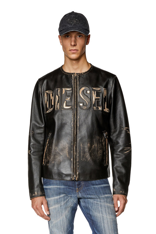 Distressed leather jacket with metal logo