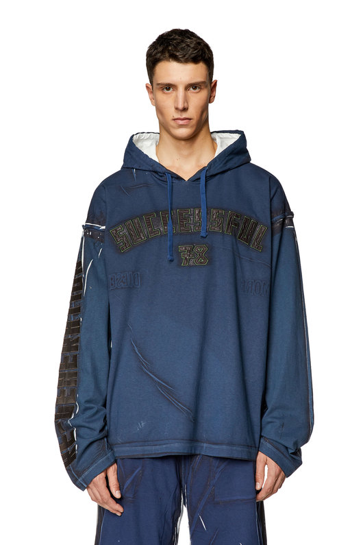 Printed hooded top with logo appliqués