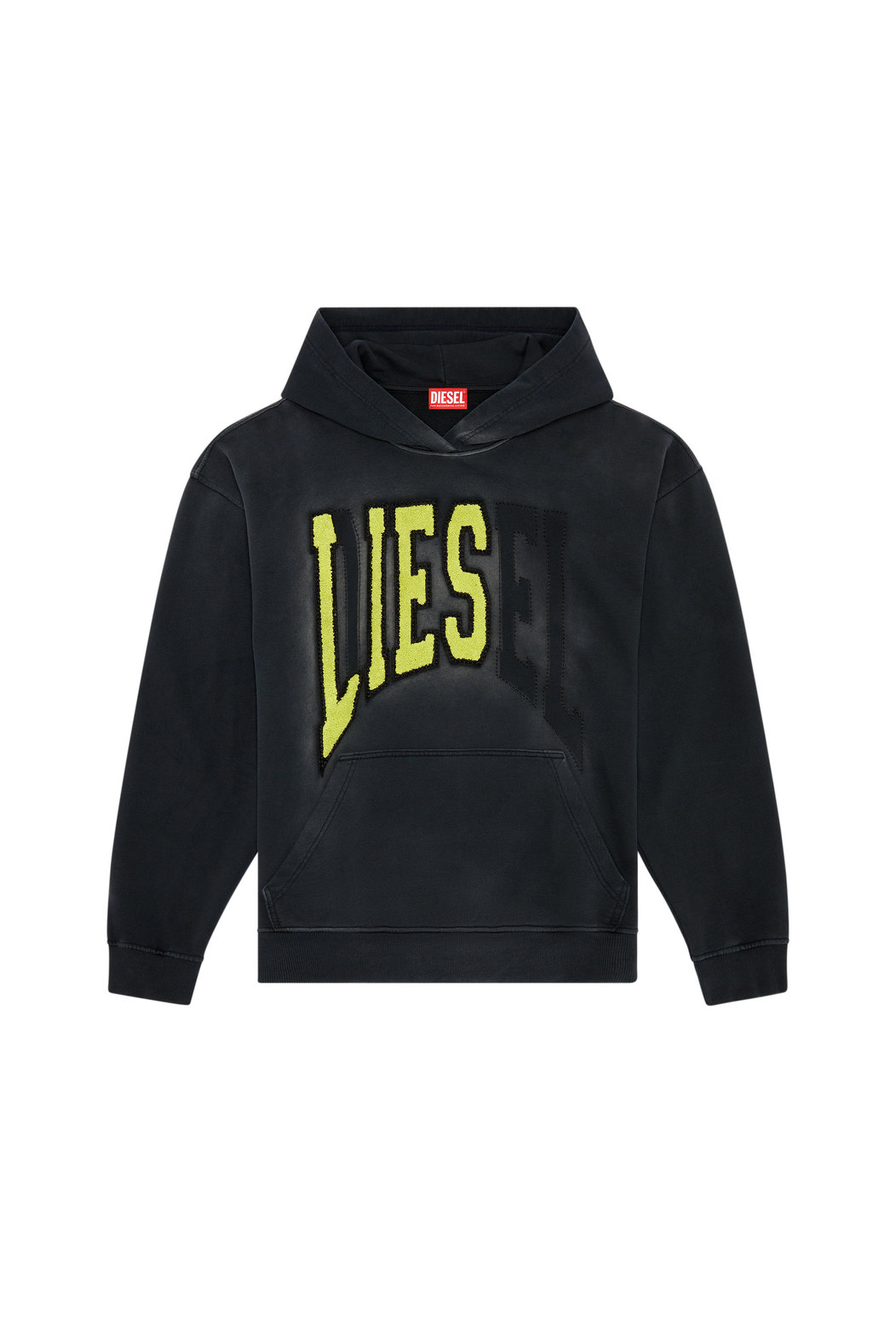 College hoodie with LIES patches