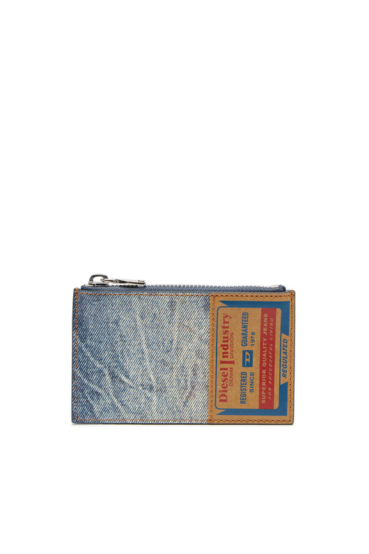 Leather card holder with denim print