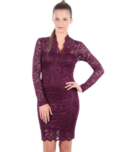Jo Borkett Long Sleeve Lace Dress Mulberry | Zando