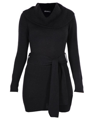 G Couture Cowl Neck Knit Dress with Belt Black | Zando