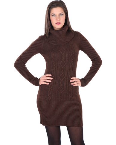 G Couture Cowl Neck Knit Dress with Long Sleeves Brown | Zando